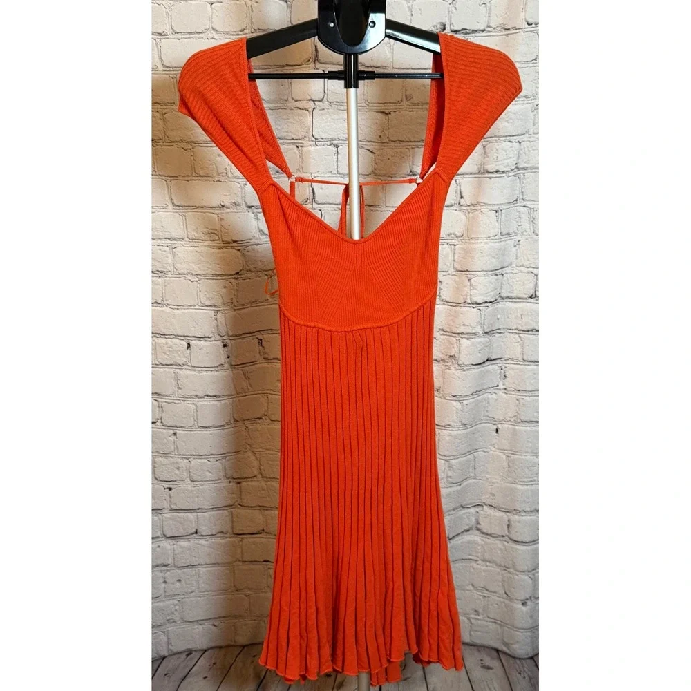 Free People Cherie Mini Dress Orange Ribbed Open Back Fit Flare Size L NWOT
